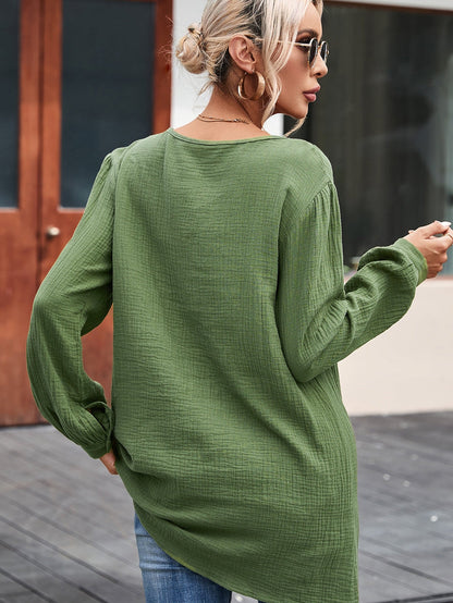 Green Textured V Neck Loose Top with Pleated Details