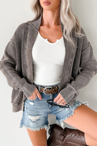 Dark Brown Mineral Wash Exposed Seam Patchwork Knit Open Sweater Cardigan