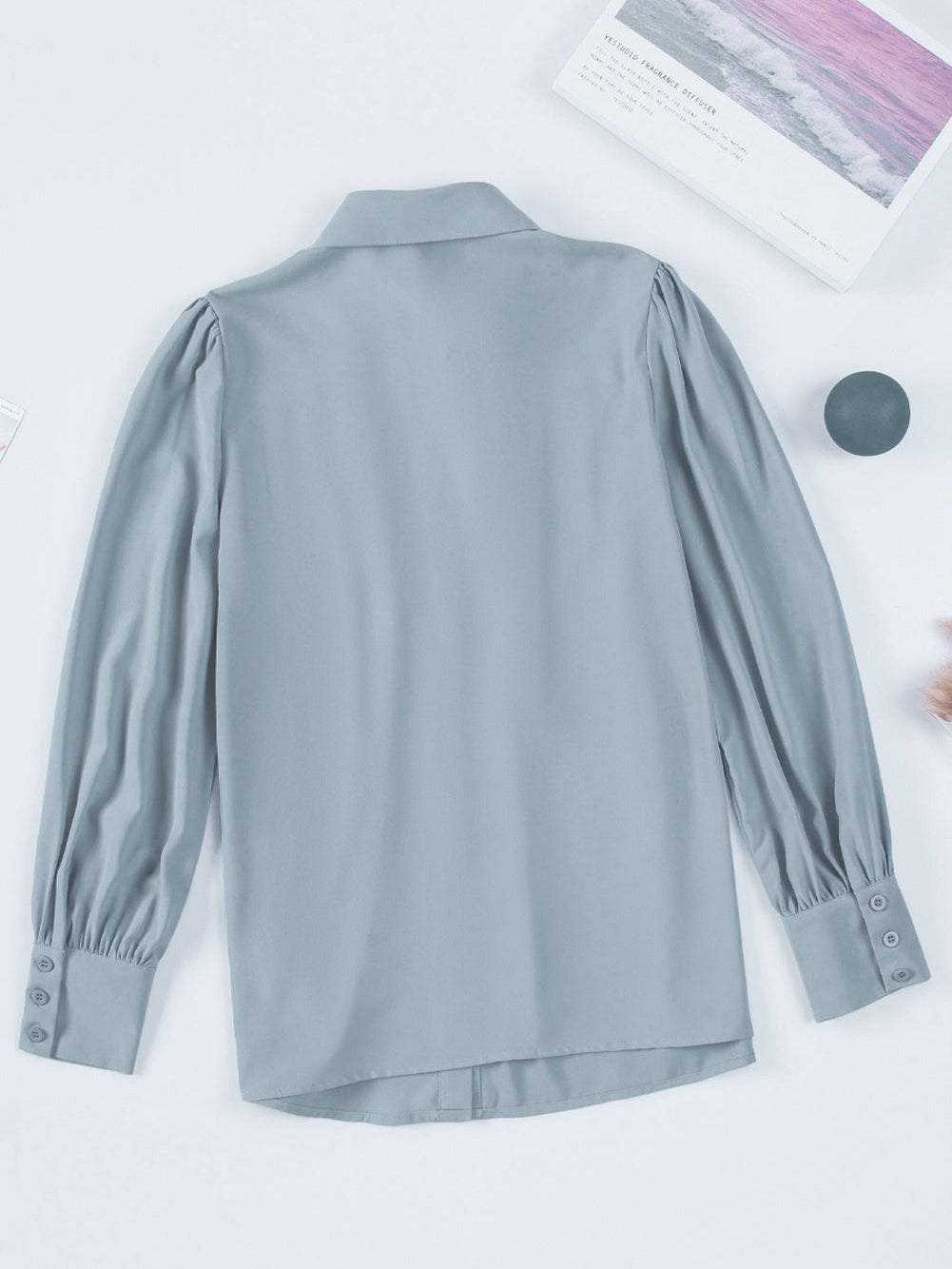 Elegant Sky Blue Puff Sleeve Polyester Blouse