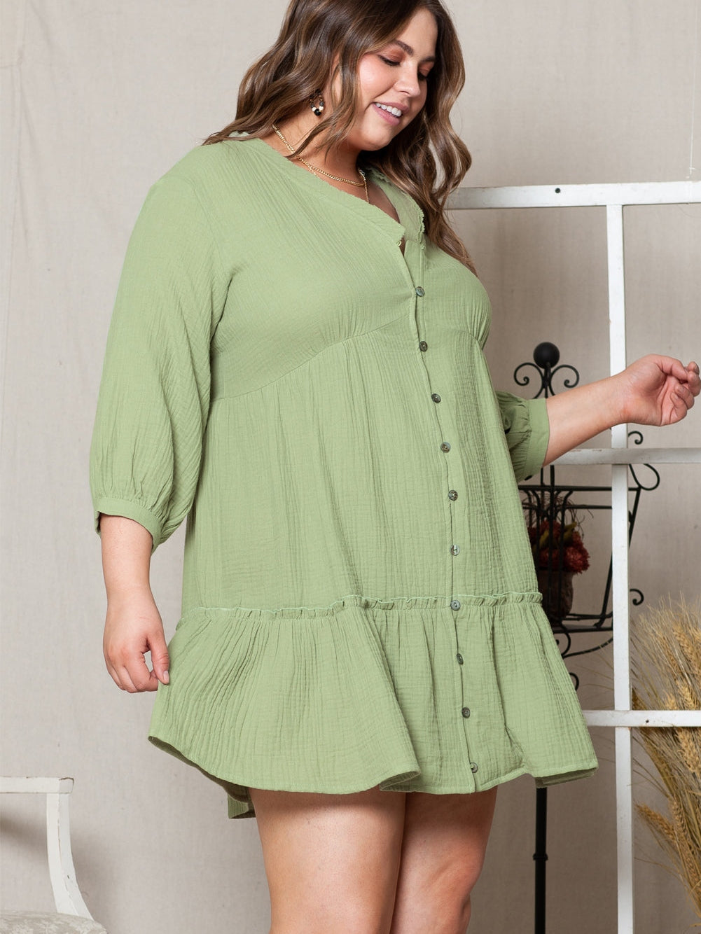 Green Textured Ruffled Buttoned V Neck Plus Size Mini Dress