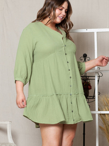 Green Textured Ruffled Buttoned V Neck Plus Size Mini Dress
