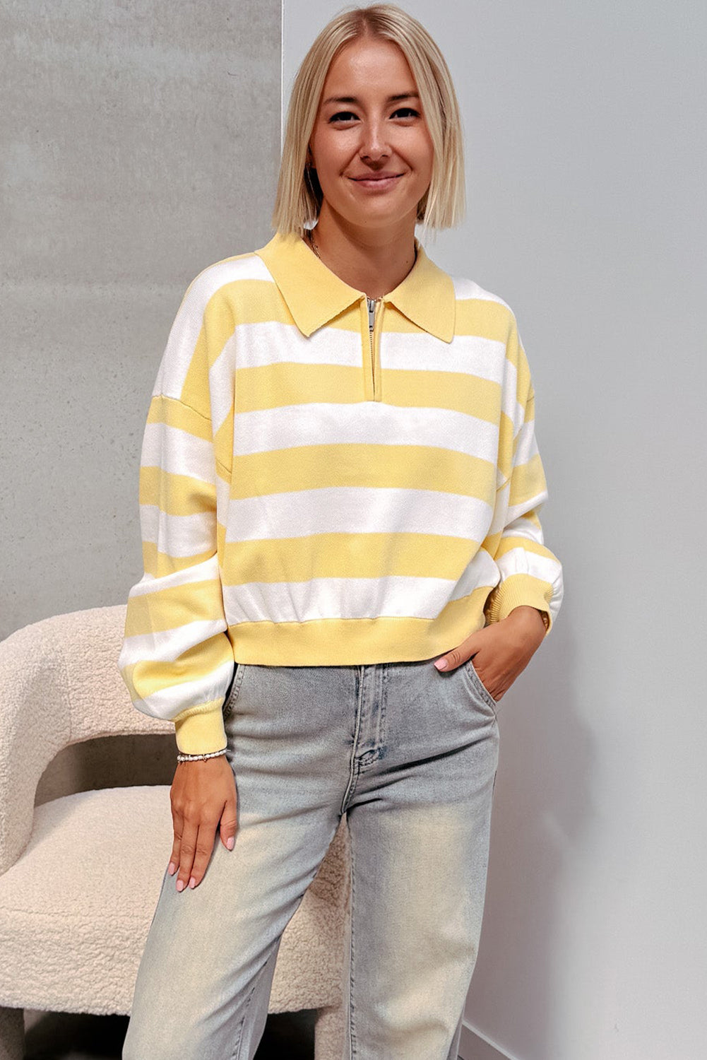 Yellow Stripe Collar Zipped Drop Shoulder Casual Sweater