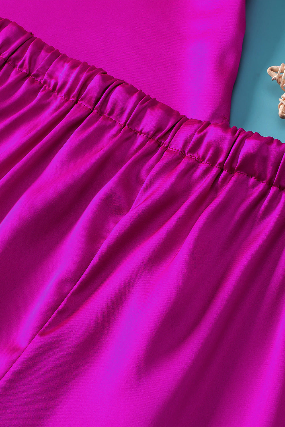 Elegant Bright Pink Satin Lounge Set with V-Neck Tee and Drawstring Shorts