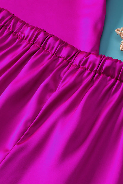Elegant Bright Pink Satin Lounge Set with V-Neck Tee and Drawstring Shorts