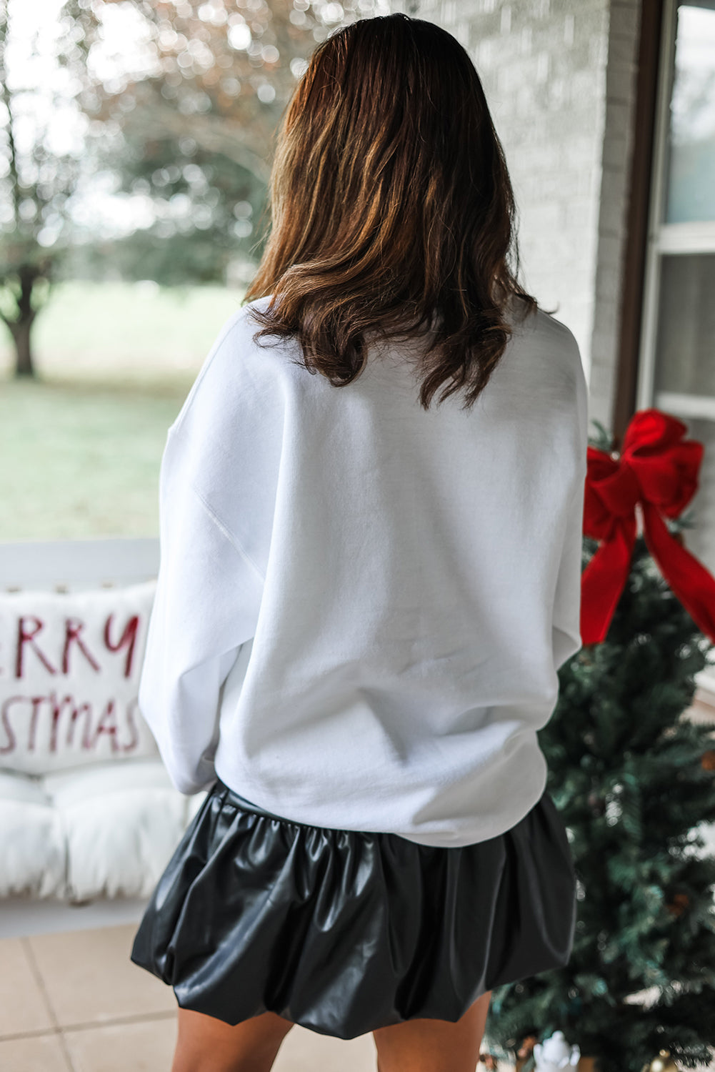 White Pearl Detail Christmas Trees Exposed Seam Patched Sweatshirt