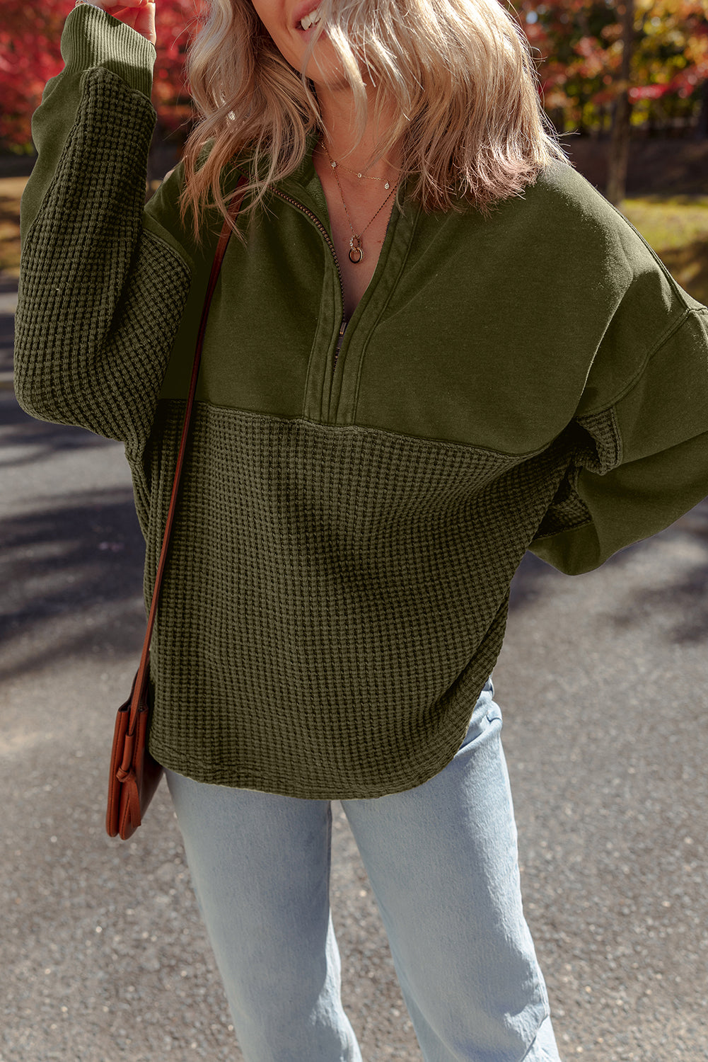 Moss Green Waffle Knit Patchwork Half Zipped Casual Sweatshirt