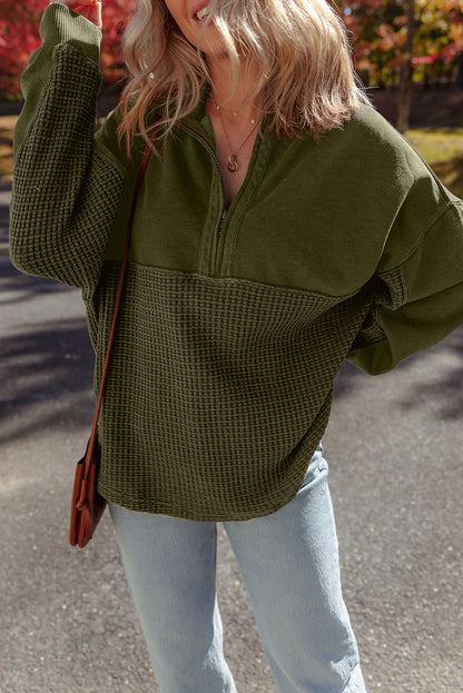 Moss Green Waffle Knit Patchwork Half Zipped Casual Sweatshirt