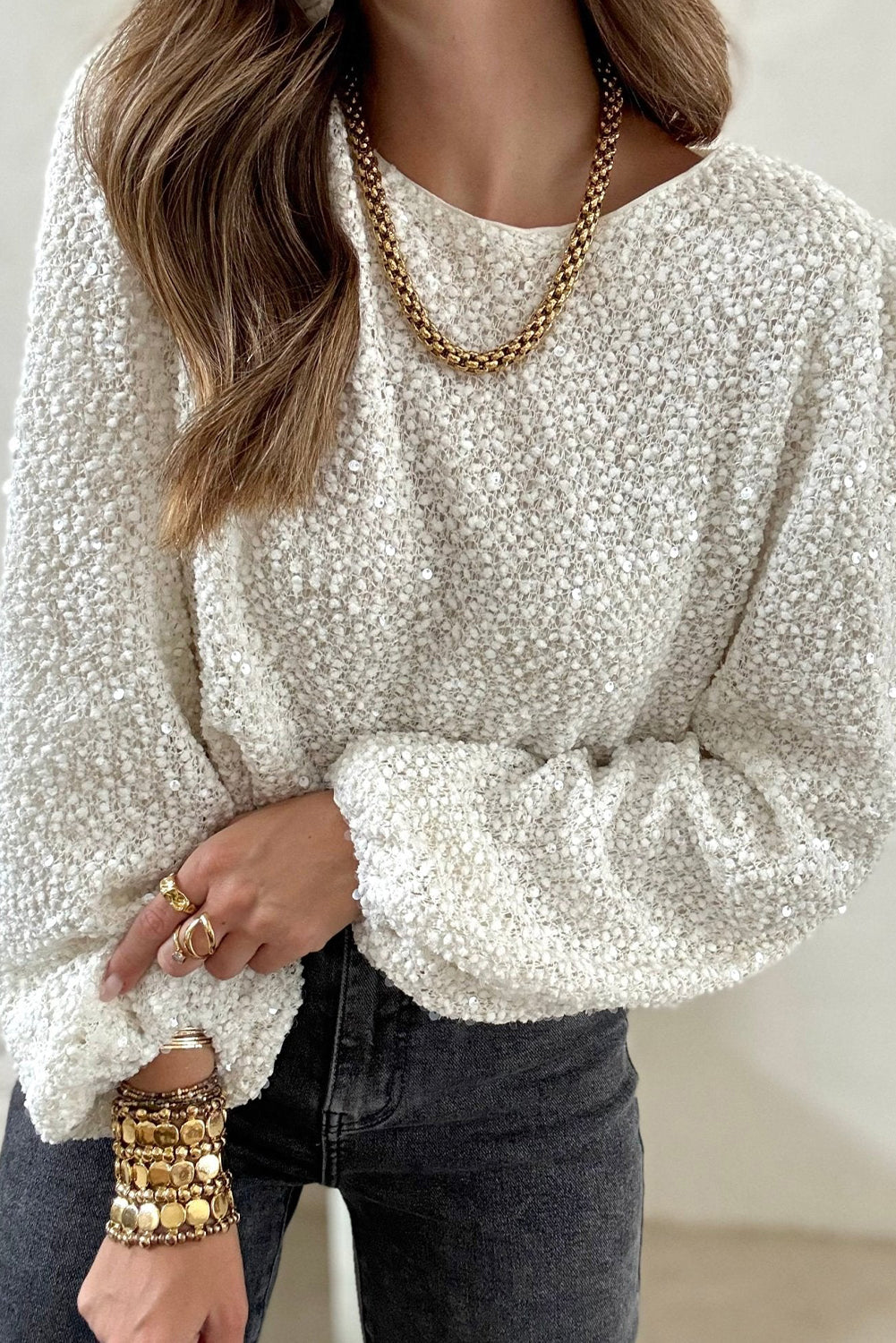 Beige Sequin Textured Puff Sleeve Top