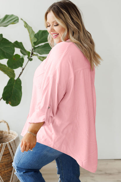 Rose Pink Roll-Tab Sleeve Plus Size Button-Up Shirt