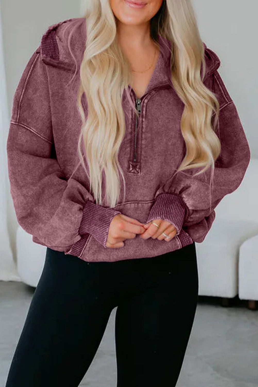 Wild Ginger Half Zip Kangaroo Pocket Mineral Wash Baggy Hoodie