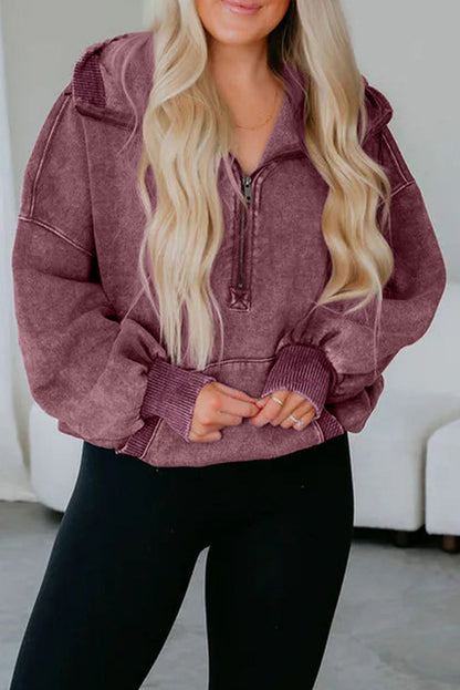 Wild Ginger Half Zip Kangaroo Pocket Mineral Wash Baggy Hoodie