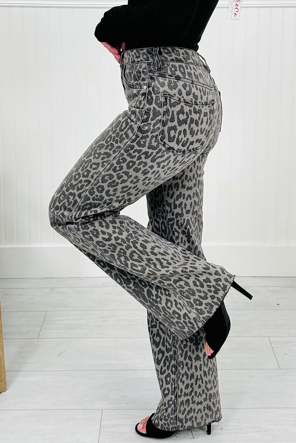 High-rise Leopard Print Tummy Control Raw Hem Jeans