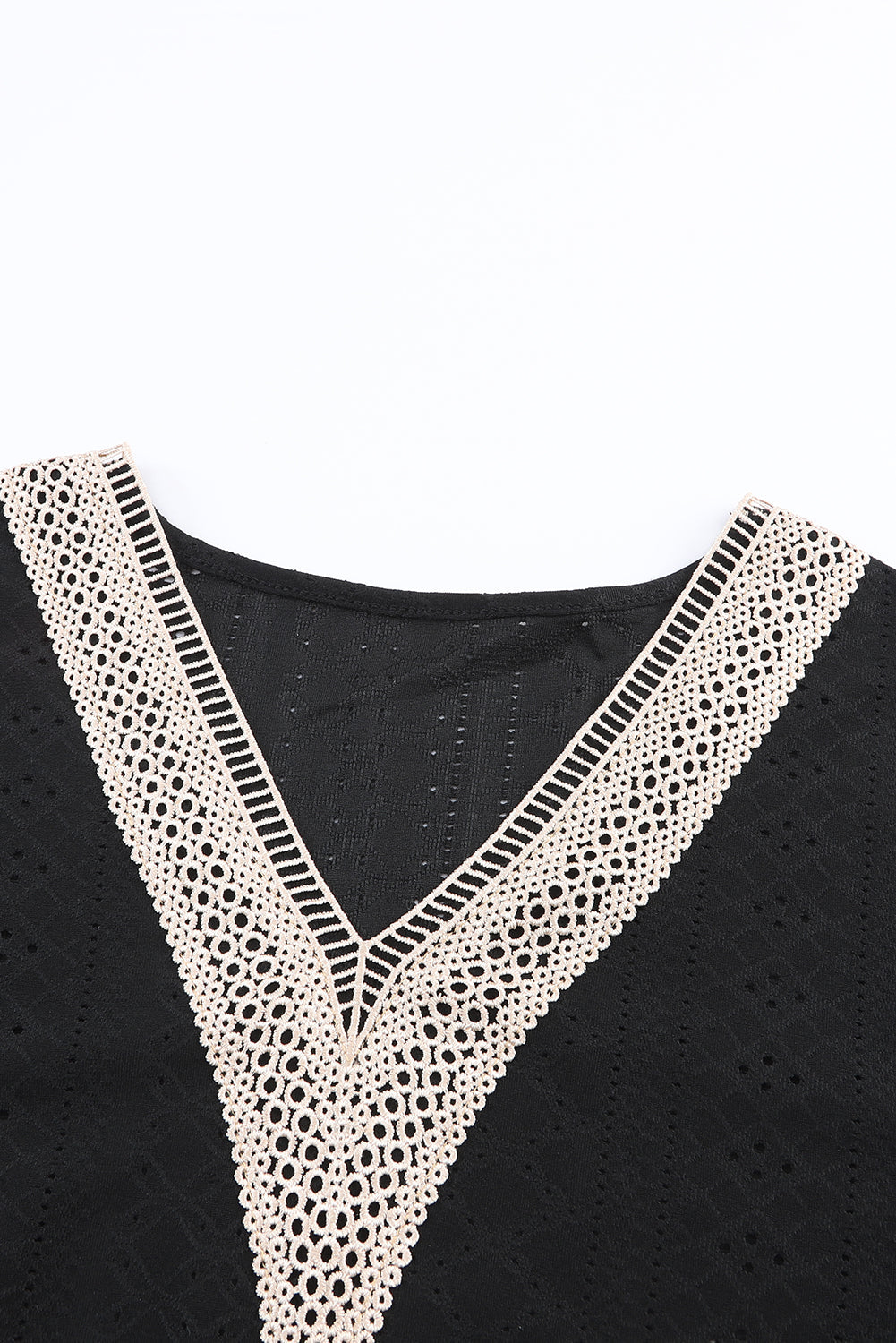 Elegant Black Eyelet Lace V Neck Ruffle Sleeve Blouse