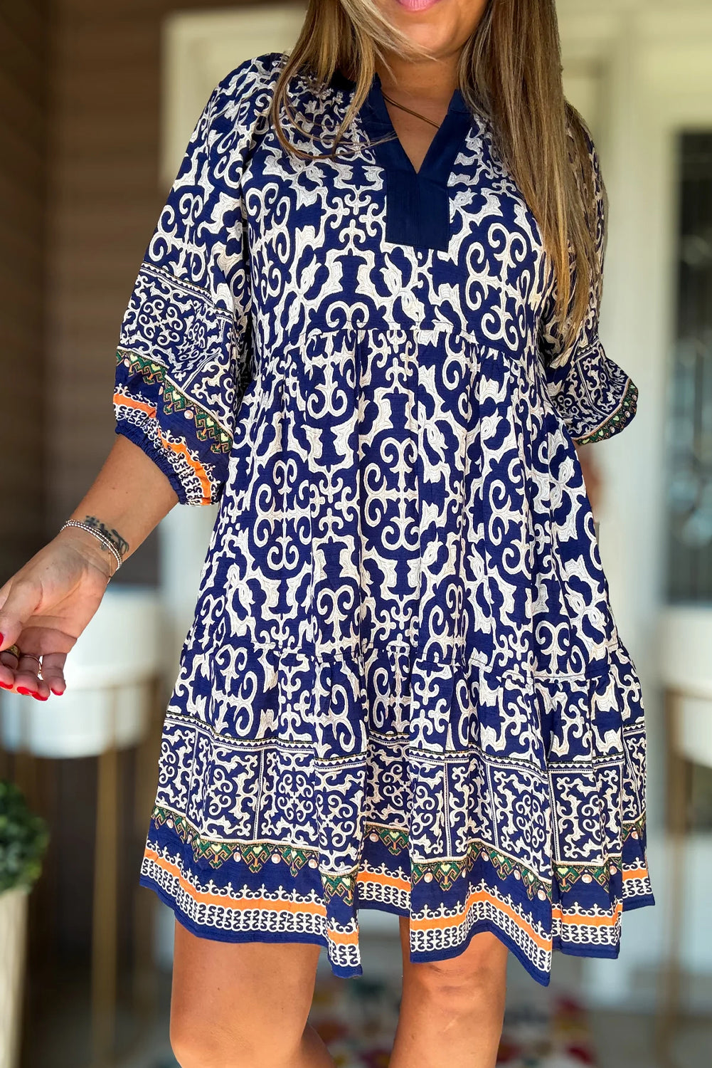 Blue Boho Geometry Print Contrast Trim Shift Mini Dress