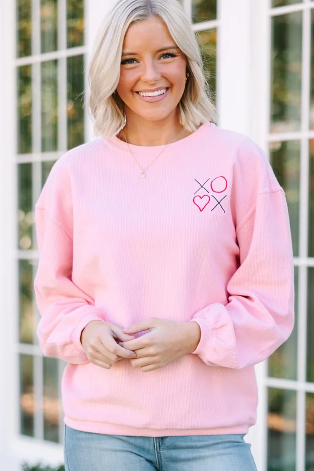 Pink 3d Ribbed XOXO Heart Embroidered Drop Shoulder Sweatshirt