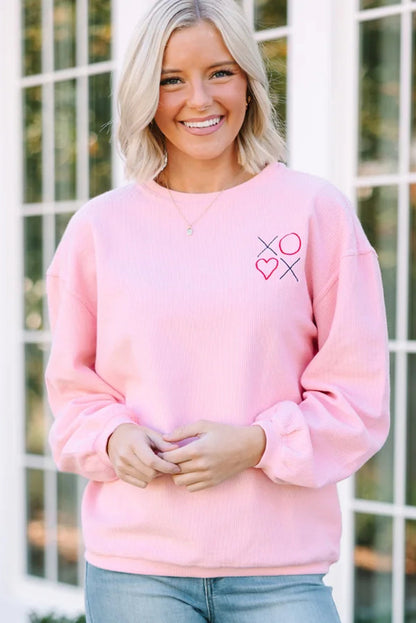 Pink 3d Ribbed XOXO Heart Embroidered Drop Shoulder Sweatshirt