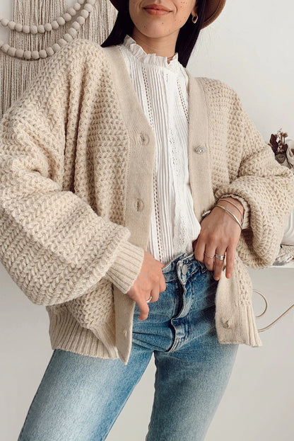 Parchment Textured Knit Side Pockets Buttoned V Neck Cardigan