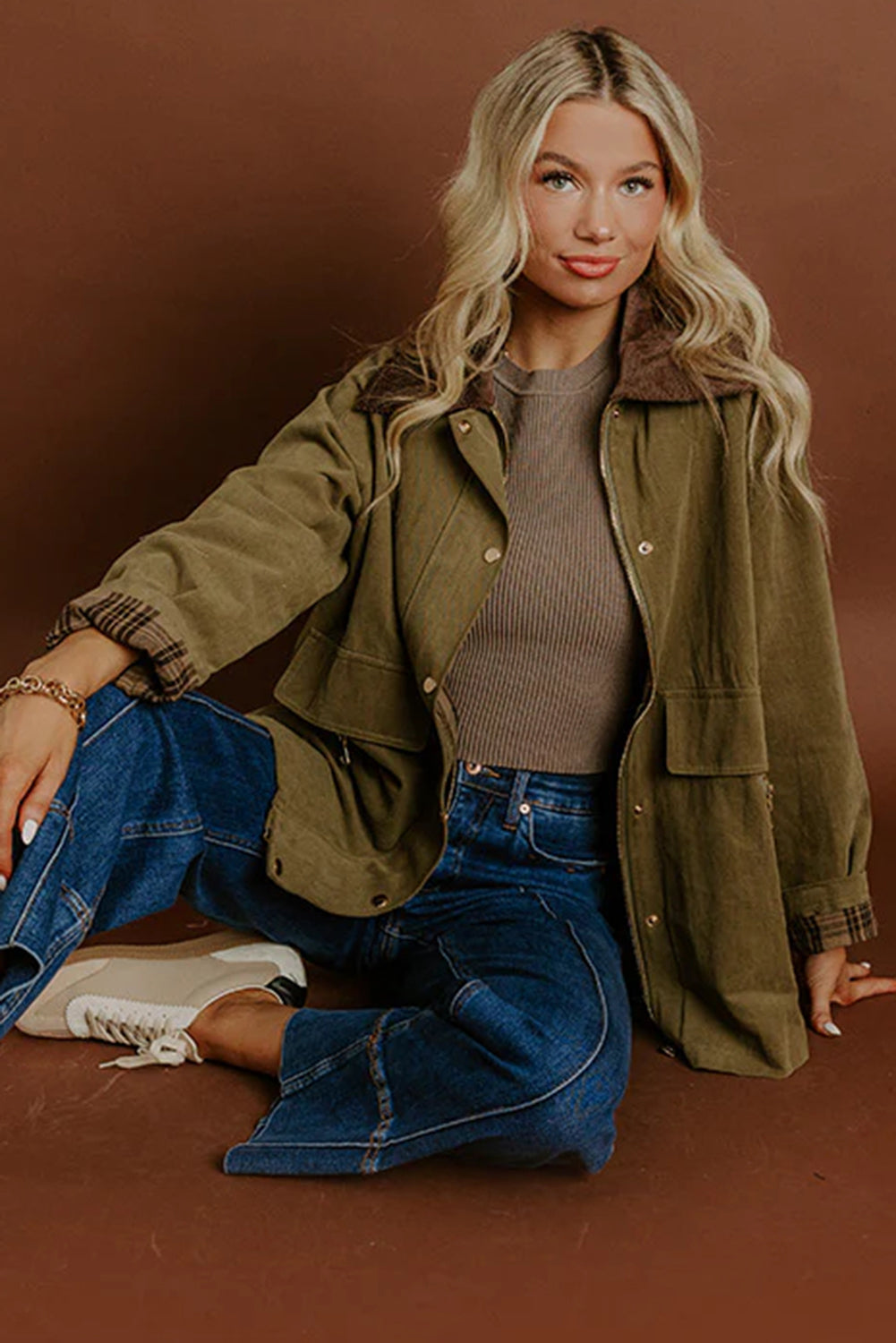 Moss Green Color Block Collar Patchwork Contrasted Leopard Liner Utility Jacket