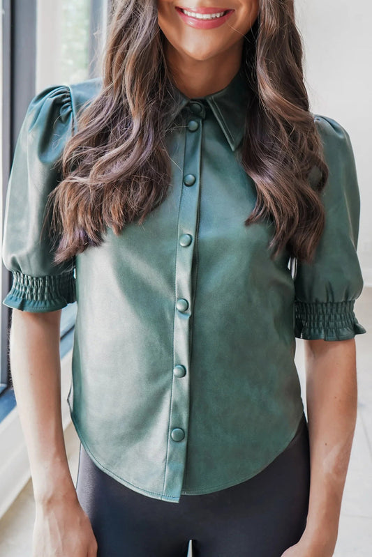 Evergreen Solid Color Faux Suede Button Down Frilled Short Sleeve Shirt