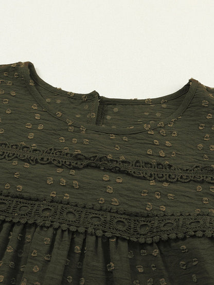 Elegant Green Lace Eyelet Shoulder Ruffle Long Sleeve Top