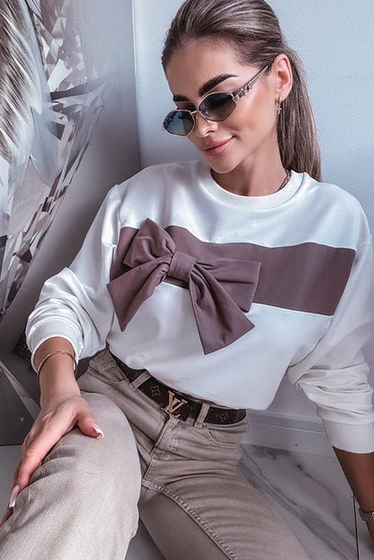 White Color Block Ribbon Bow Patchwork Crew Neck Sweatshirt