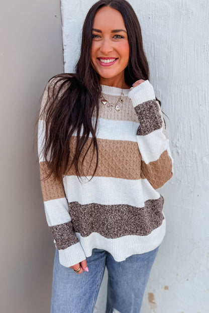 Brown Mixed Texture Knit Striped Color Block Loose Sweater