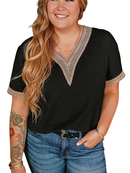 Black Lace Trim Short Sleeve V Neck Plus Size Top