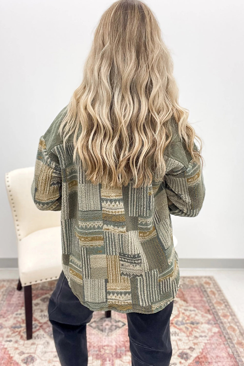 Smoke Green Corduroy Plush Patchwork Western Fashion Shacket