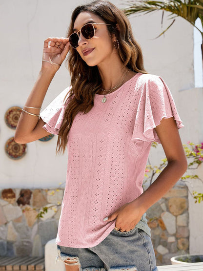 T-Shirts - Hollow Ruffle Sleeve Casual Round Neck T-Shirt - MsDressly