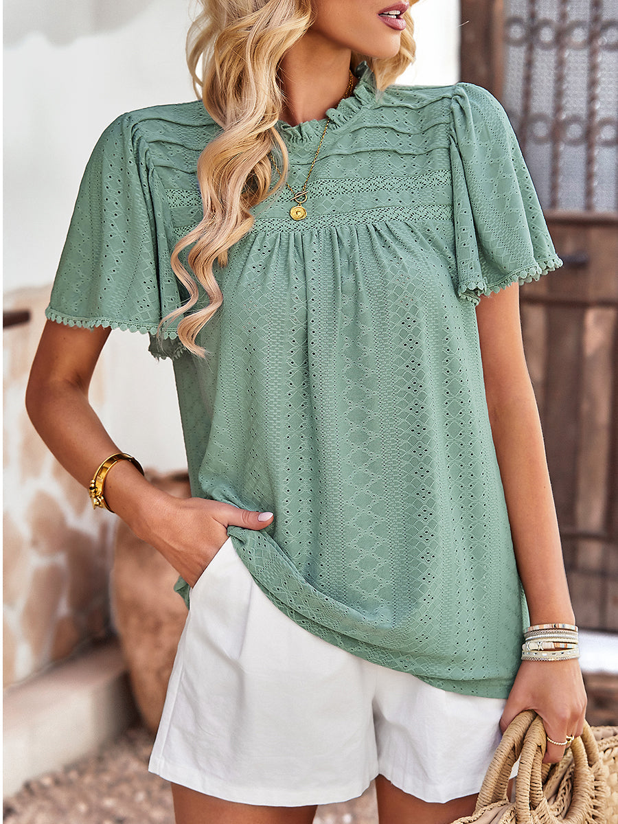 T-Shirts - Casual Solid Color Hollow Round Neck T-Shirt - MsDressly