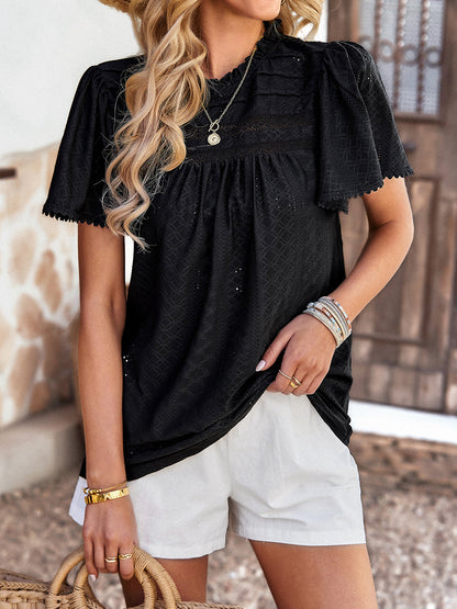 T-Shirts - Casual Solid Color Hollow Round Neck T-Shirt - MsDressly