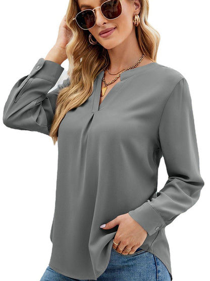 Solid Color Chiffon Loose V-Neck Long Sleeve T-Shirt