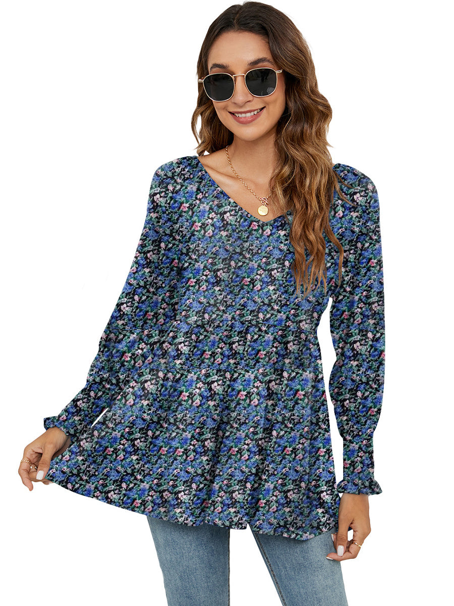 Blouses - Printed Bubble Long-Sleeved Waist Blouse - MsDressly