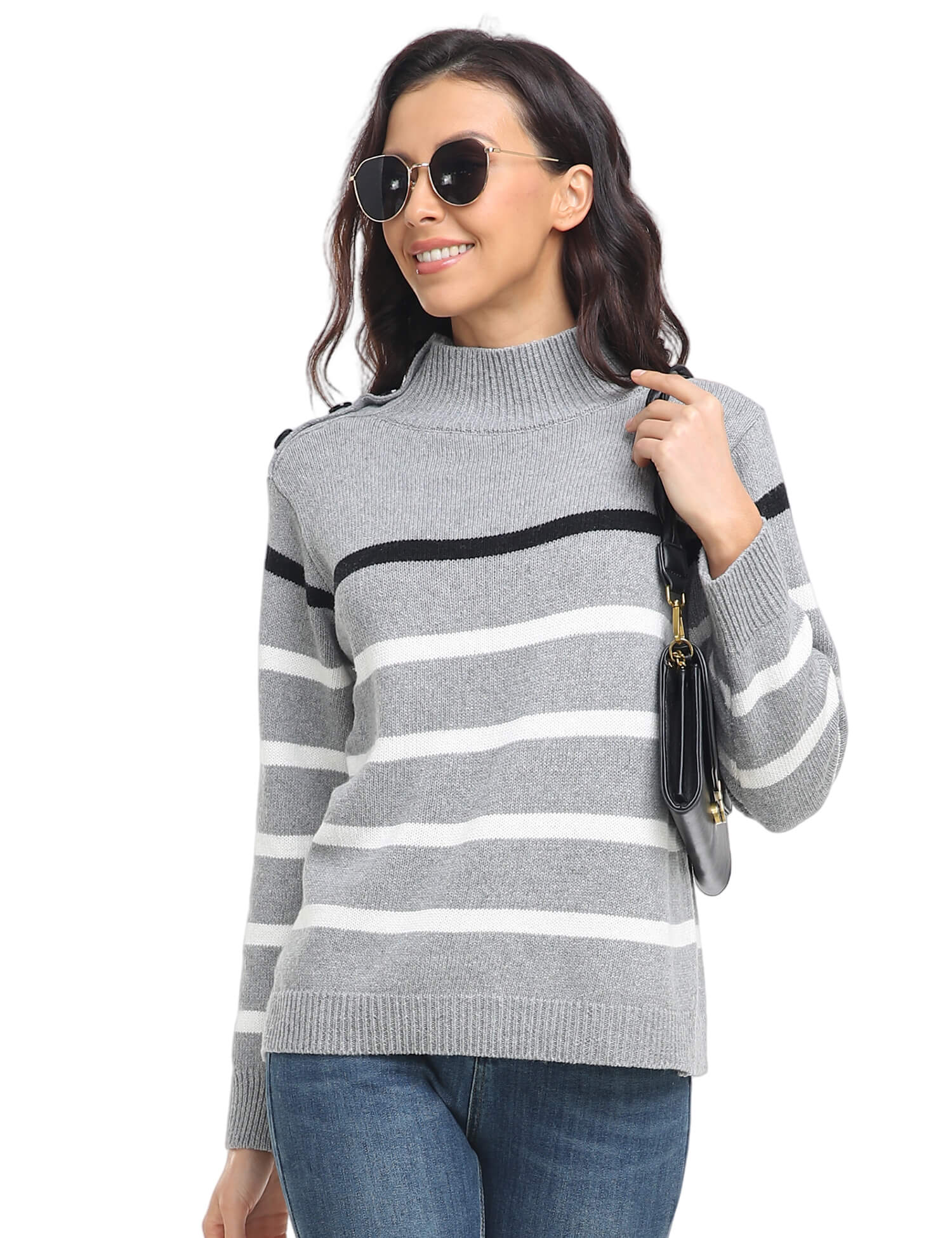 Sweaters - Striped High Neck Pullover Sweater - MsDressly