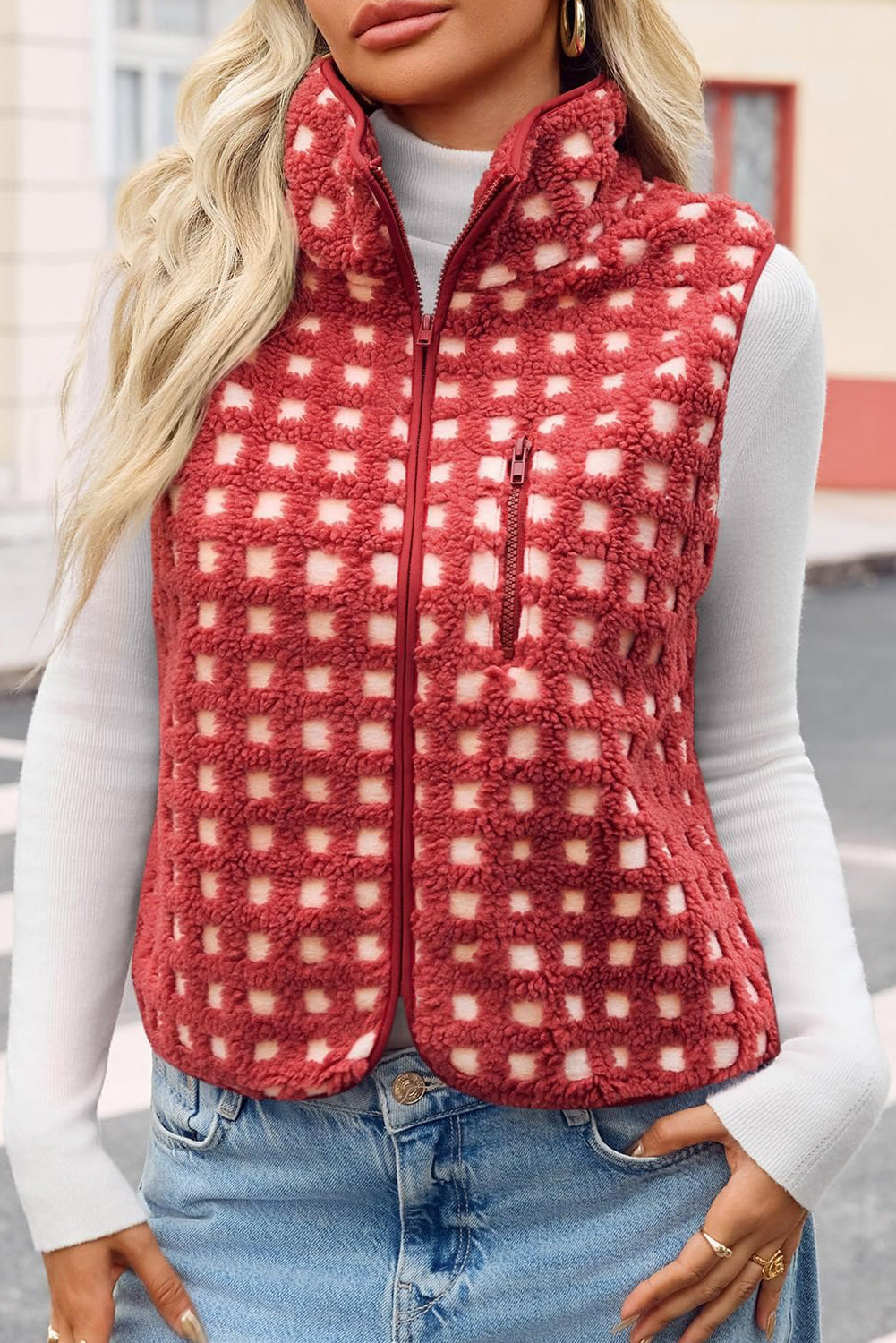 Red Checkered Texture Plush Zip Up Winter Vest