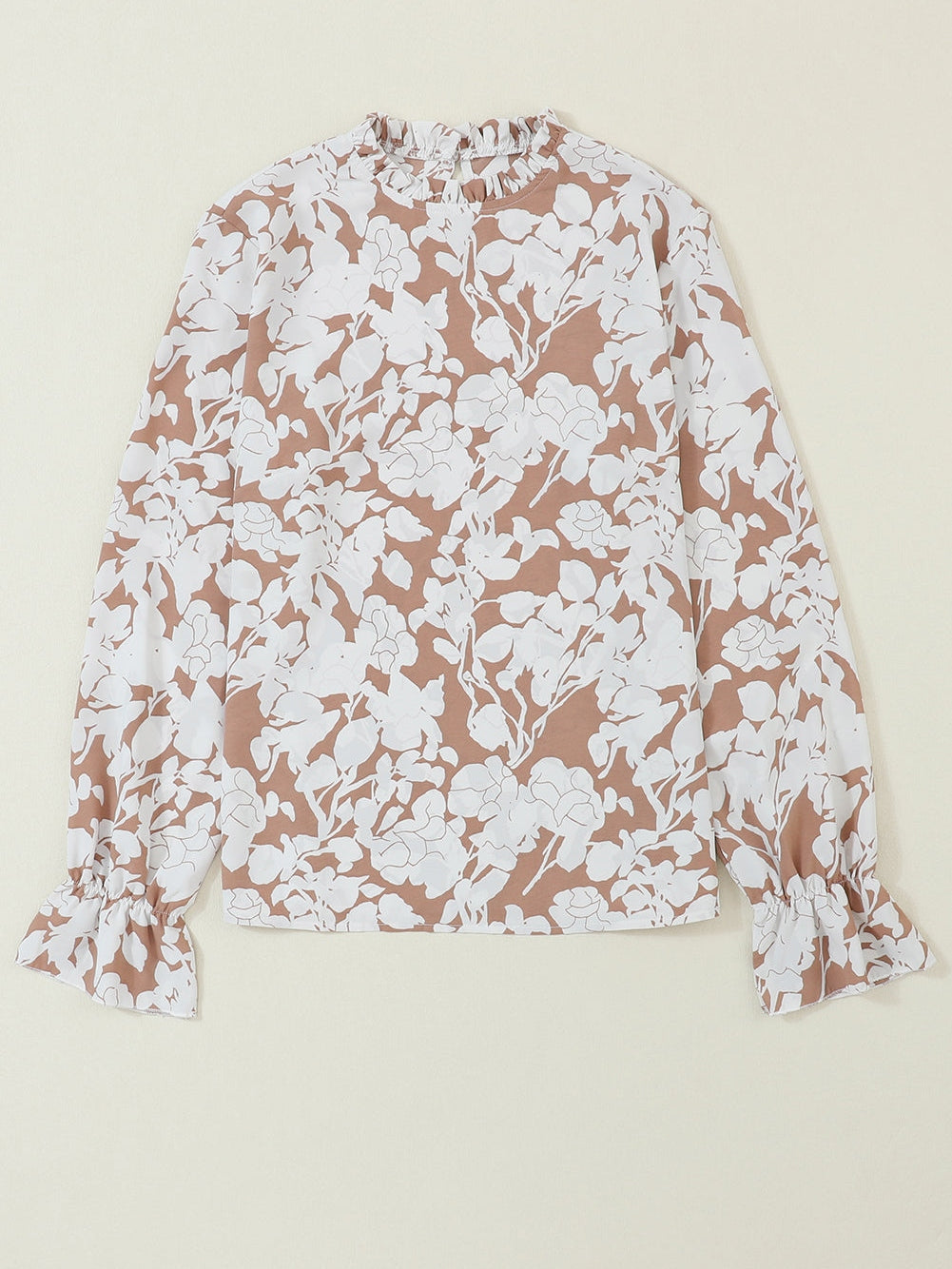 French Beige Floral Print Ruffle Neckline Flounce Sleeve Top