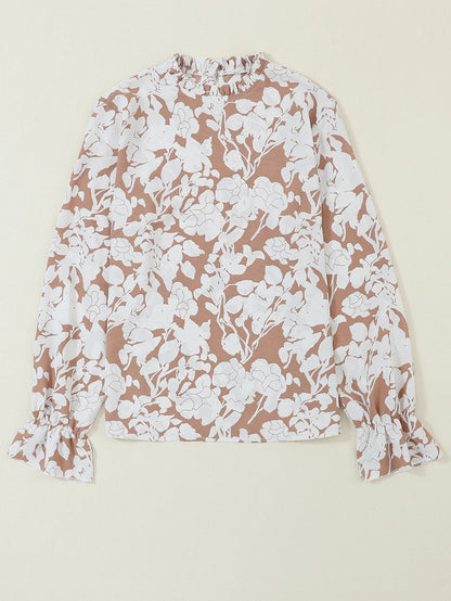 French Beige Floral Print Ruffle Neckline Flounce Sleeve Top