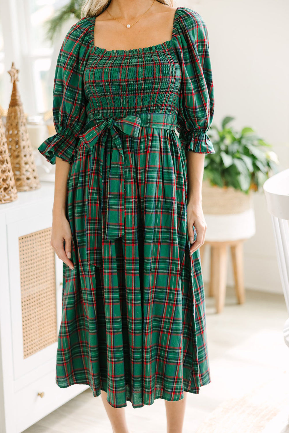 Green Tartan Plaid Square Neck Puff Sleeve Knot Waist Flared Midi Dress