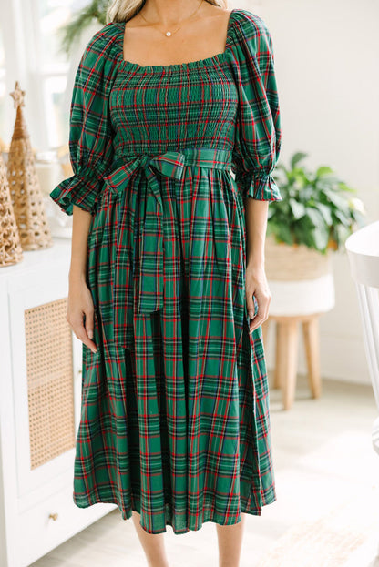 Green Tartan Plaid Square Neck Puff Sleeve Knot Waist Flared Midi Dress