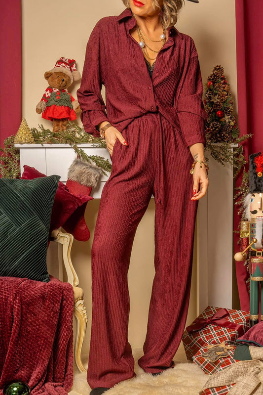 Red Dahlia Textured Loose Shirt Drawstring Elastic Waist 2pcs Pant Set