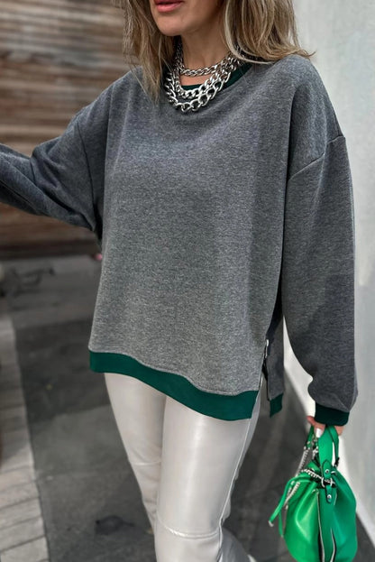 Medium Grey Contrast Trim Round Neck Zip Side Slit Baggy Sweatshirt