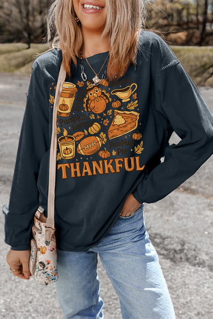 Dark Grey Twisted Ribbed THANKFUL Fall Fashion Printed Baggy Sweatshirt