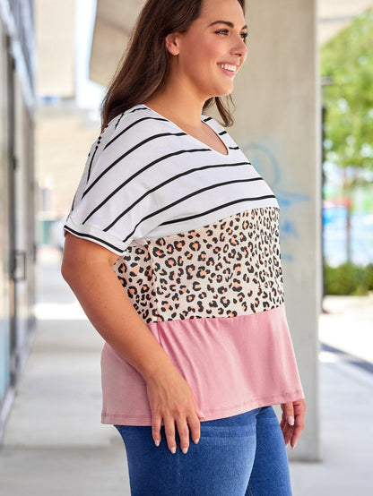 Striped Leopard Color Block Plus Size T-Shirt
