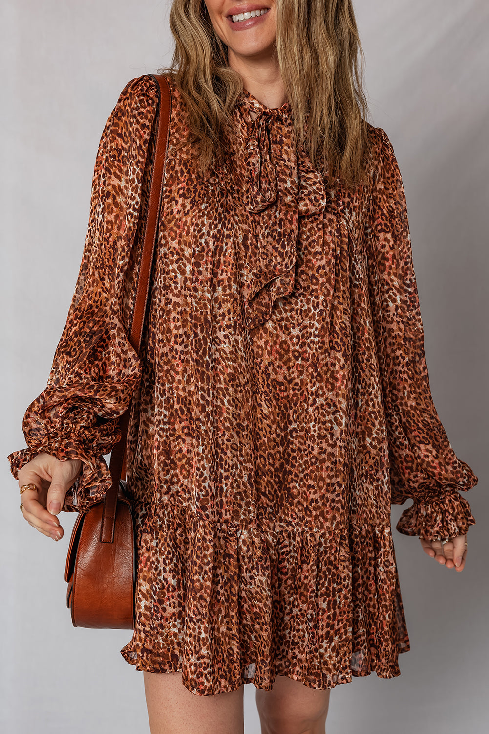 Brown Leopard Print Tie Neck Ruffled Long Sleeve Loose Fit Mini Dress