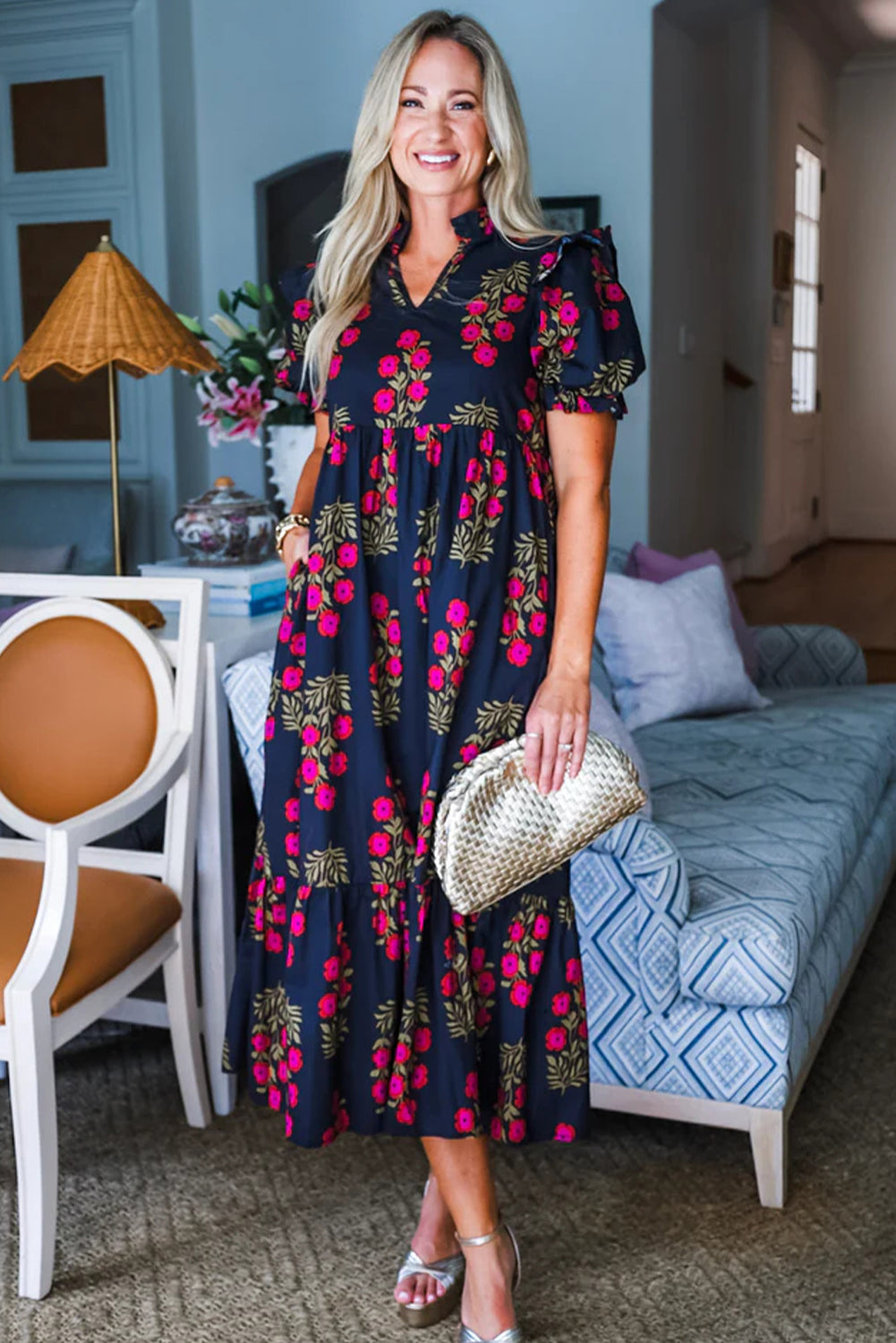 Beige Floral Short Bubble Sleeve Tiered Maxi Dress