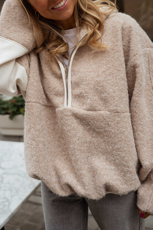 Parchment Woolen Blend Uneven Hem Half Zipped Pullover Baggy Hoodie