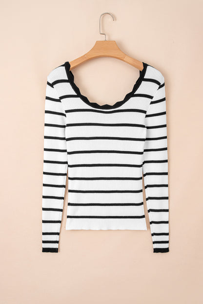 Black white Scalloped Trim U Neck Striped Ribbed Slim Sweater