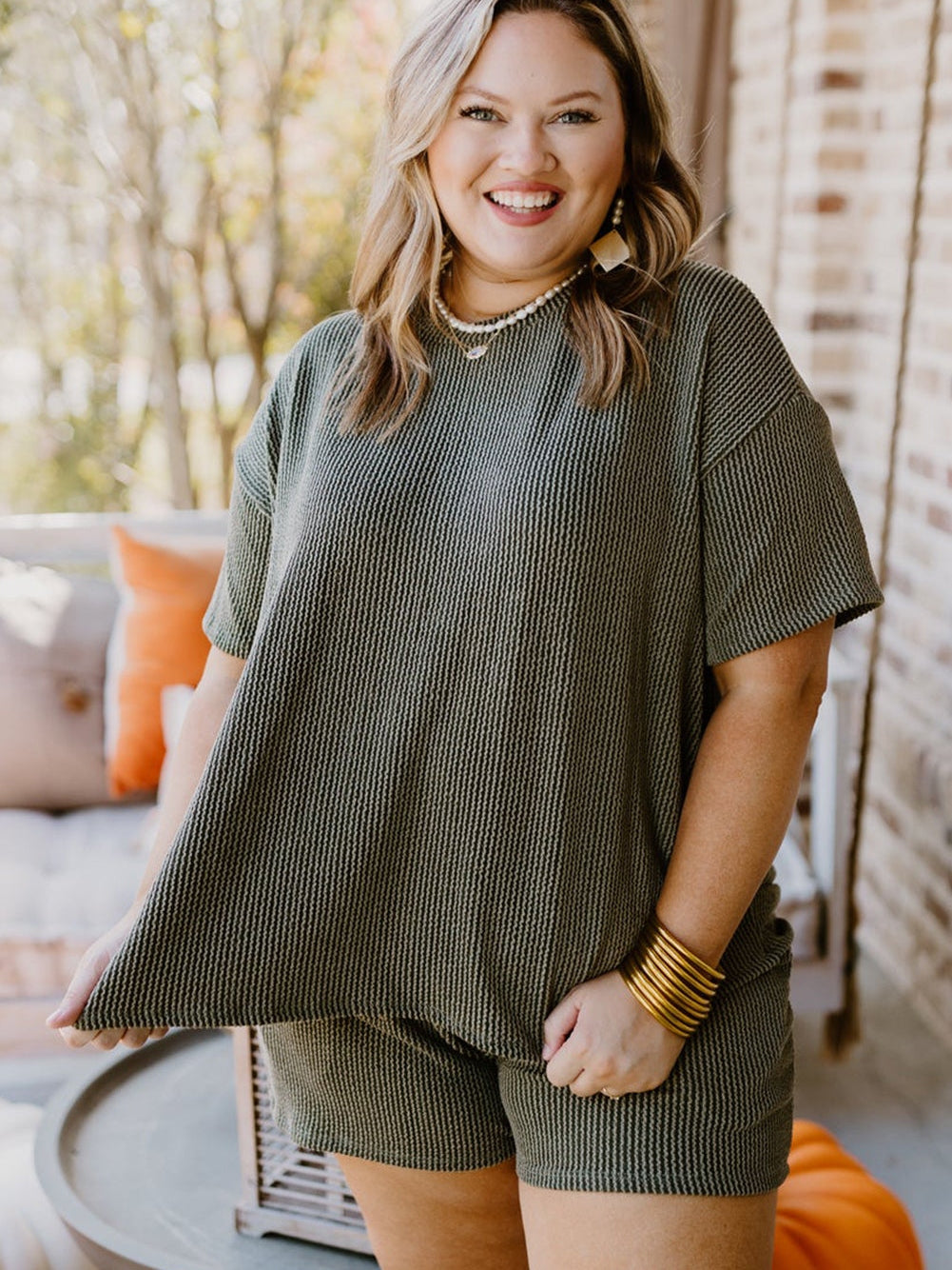 Moss Green Plus Size Rib Knit Short Sleeve Top and Shorts Set