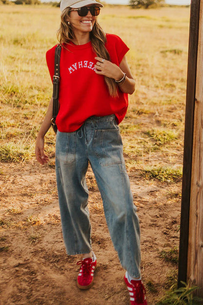 Fiery Red YEEHAW Embroidered Letter Loose Short Sleeve Sweater