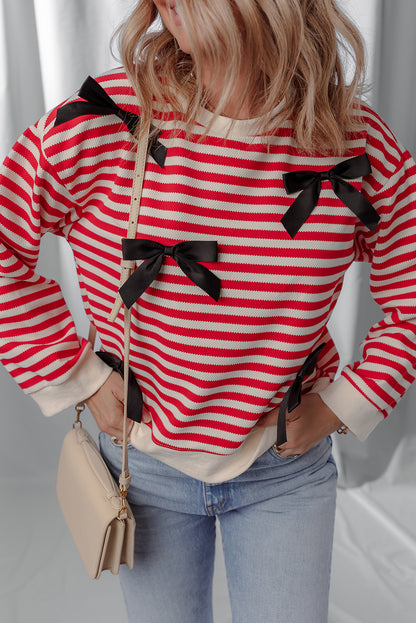 Red Stripe Contrast Ribbon Bow Detail Casual Sweater